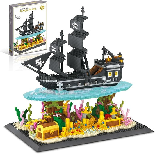 Pirates Ship Model Building Blocks Kits,Classic Mini Micro Blocks Building Set,4059PCS+,MOC Black Pearl Sailboat with Treasure，Collectible Display Model, Great Gift for Adults/Teens