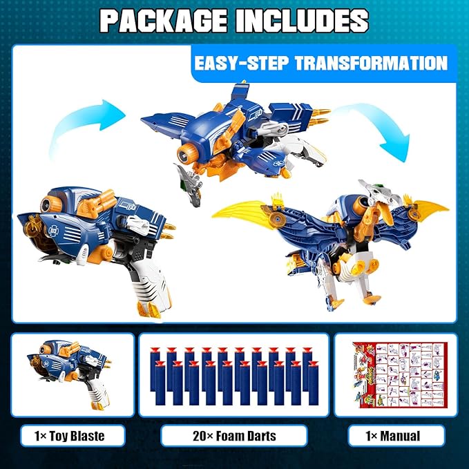 Blaster Toy Gun Transforming Alloy Dinosaur - 2 in 1 Morphing Toy (Gun to Dino), Soft Bullet Toy Blaster Gun with 20 Foam for Indoor Outdoor Shooting Game, Toy Blaster for Kids Boys Girls (P-Dino)