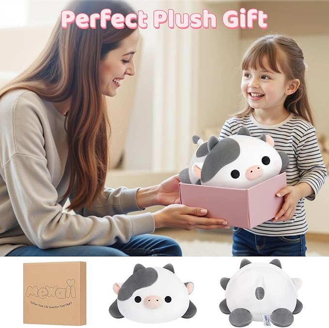 Cute Cow Plush Pillow, Kawaii Plushies White Cow Stuffed Animals, Squishy Plushies, Cuddle Plush Pillow for Kids & Girls (13 Inch)