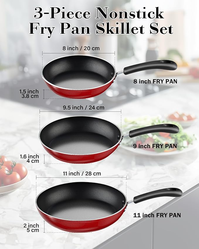 Cook N Home Professional 8/9.5/11 Inch Nonstick Frying Pan Set, Kitchen Cooking Skillets Saute Fry Pan, Induction Compatible, 3-Piece, Red
