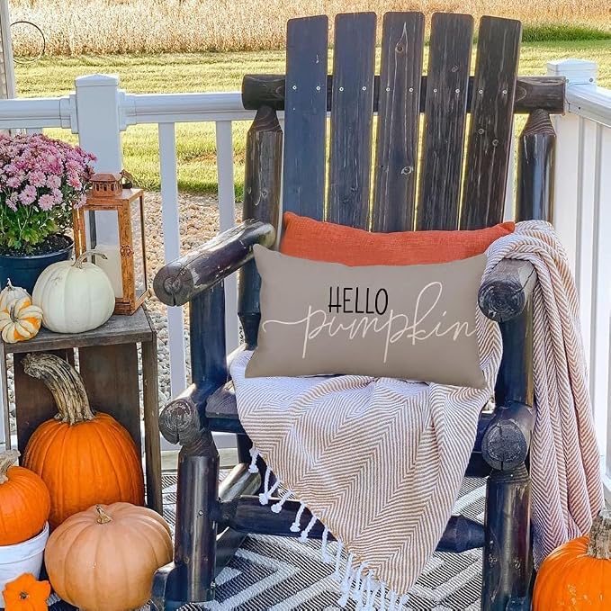 RABUSOFA Fall Pillow Covers 12x20 Inch,Autumn Hello Pumpkin Pillows Decorative Throw Pillows,Lumbar Outdoor Thanksgiving Cushion Cover Farmhosue Fall Decor for Bedroom Couch Sofa Gray