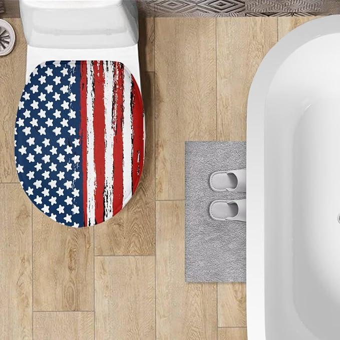 American Flag Toilet Seat Covers for Bathroom Patriotic Decorations Bathroom Dust Cover Replacement 4th of July Toilet Seat Cushion Cover with Elastic Bottom