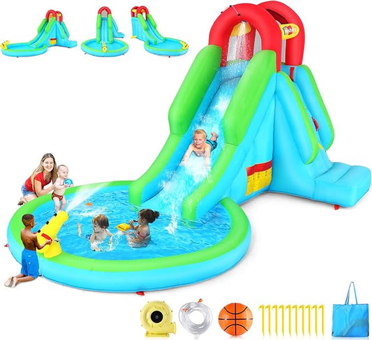 Inflatable Water Slide with Blower, 13x8.3x7.1 FT Blow Up Water Slide for Kids, 5-in-1 Compact WaterPark w/Long Slide, Water Cannon, Climbing Wall & Splash Pool for Backyard Outdoor Fun