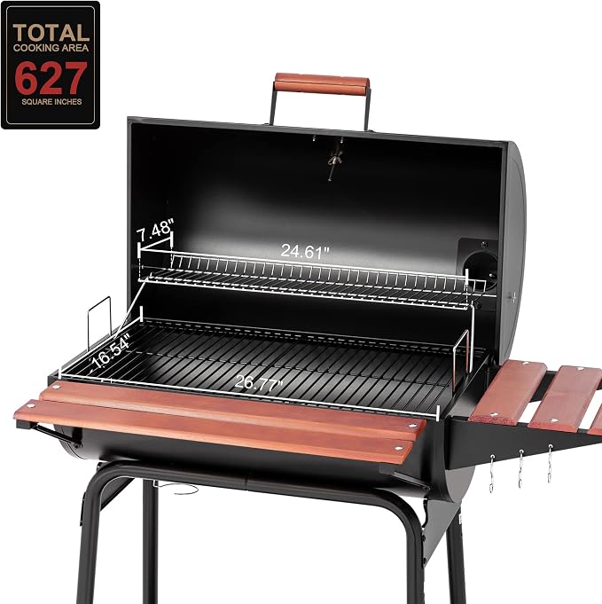 Royal Gourmet CC1830V 30 Barrel Charcoal Grill with Wood-Painted Side Front Table, 627 Square Inches Cooking Space, for Outdoor Backyard, Patio and Parties, Black | Wood-Painted Table, 627 Square Inches Cooking Space, Outdoor BBQ Grill for Outdoor Back...