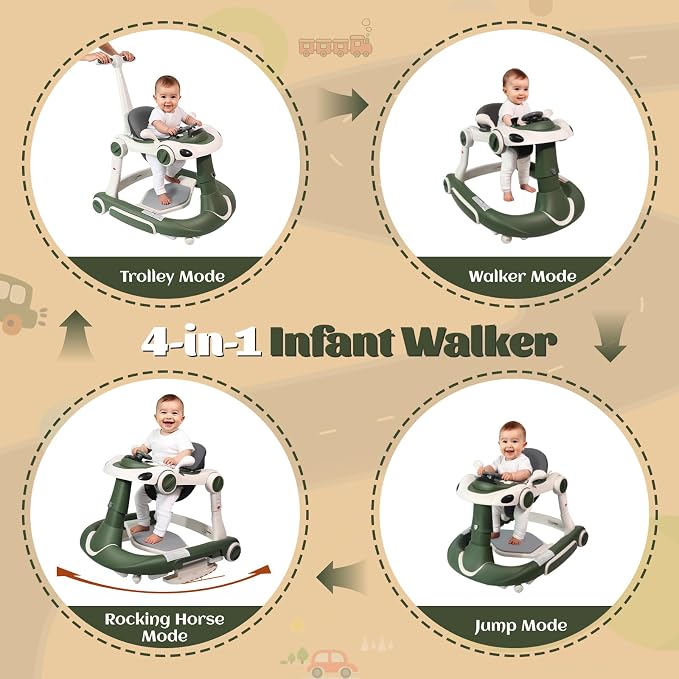 Baby Walker, 4-in-1 Baby Walker with Wheels Portable, Foldable Infant Toddler Walker for Boys Girls 6-18 Month,Removable Footrest,Car Steering Wheel & Music, Adjustable Push Walker Pink Green