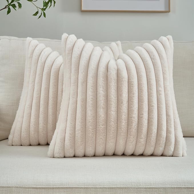 FUTEI Pack of 2 Faux Fur Throw Pillow Covers 28x28 Inch, Light Beige | Fluffy Faux Rabbit Fur Front/Premium Velvet Back,Hidden Zipper,Machine Washable,Non-Shedding,Colorfast,Insert Not Included.