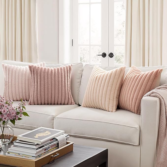 MIULEE Faux Fur Plush Euro Decorative Throw Pillow Covers 24x24, Pink | Set of 4, Striped, Soft Cute Romantic Modern Cozy Home Decor, Cushion Cases for Sofa Couch Bed Living Room