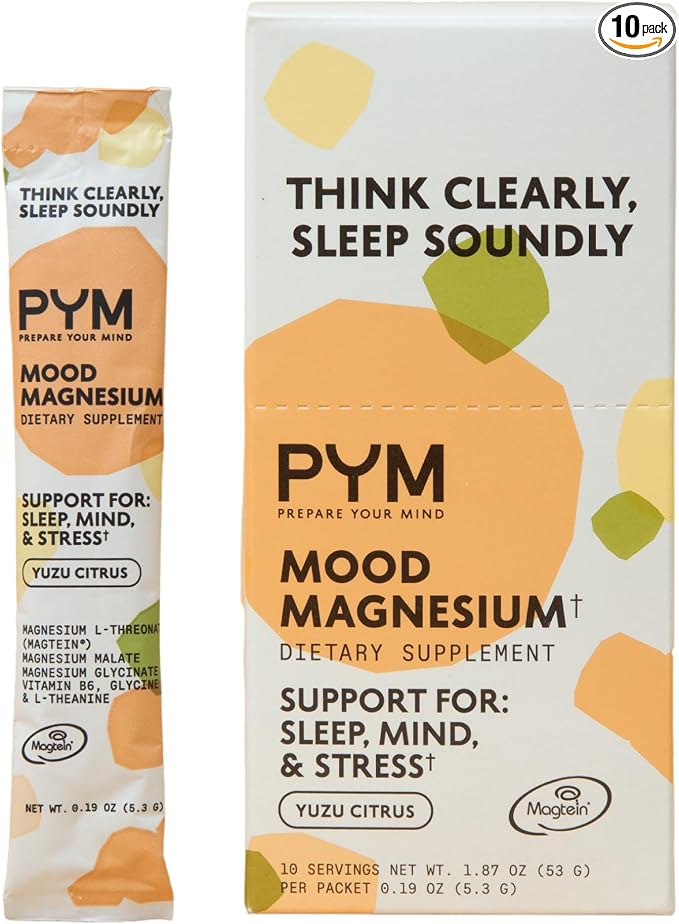 PYM Mood Magnesium Powder Packets (10-Servings) Magtein Magnesium L-Threonate, Magnesium Glycinate & Malate, Yuzu Citrus | Aid & Mood Support Supplement for Stress | Cortisol Reducer