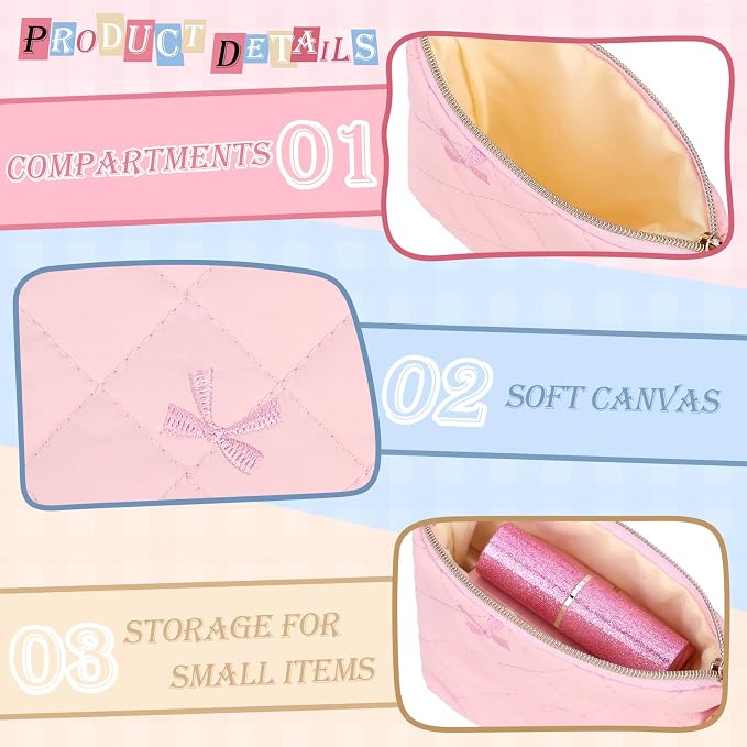 Quilted Mini Makeup Bag, Small Bow Tie Cosmetic Bag for Purse with Keychain, Portable XS Travel Makeup Pouch, Birthday/Wedding/Party/Christmas Gifts (Pink-Pink Bow)