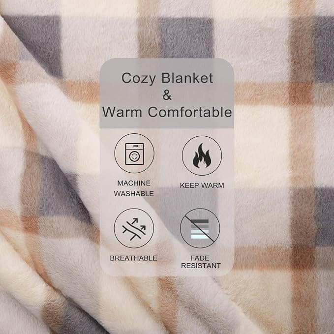 PU MEI Super Soft Faux Rabbit Fur Sherpa Fleece Throw Blanket, Reversible Luxury Cozy Cute Furry Blanket, Plush Warm Shaggy Fluffy Checkered Blankets for Sofa Couch Bed (Grey-Plaid, 60" x 80")