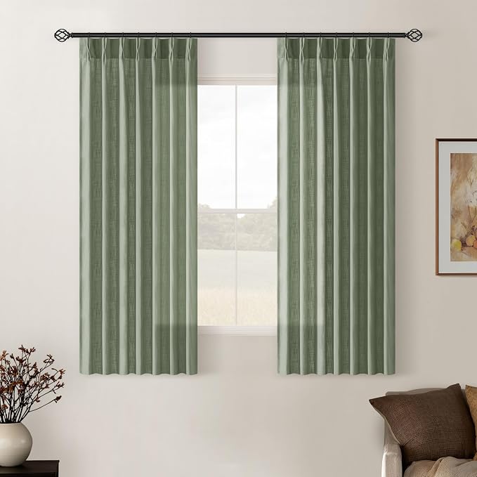 Sage Green Pinch Pleated Linen Semi Sheer Curtains 45 Inch Length 2 Panels | for Kitchen Small Bay Window Basement, Pinch Pleated with Hooks Rings Back Tab, Memory Shape, Thick Linen Semi Sheer, W40xL45