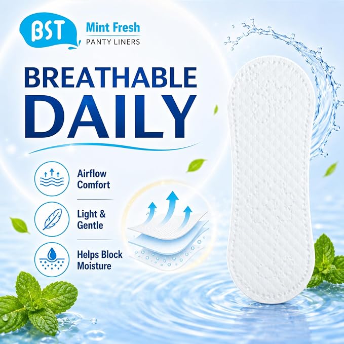 BST Mint Fresh Wingless Panty Liners for Women, Invisible Breathable Ultra Thin Daily Pantiliner, Odor Fighting, Daily Feminine for Light Flow (6.1 Inch 80 Count, Packaging May Vary)