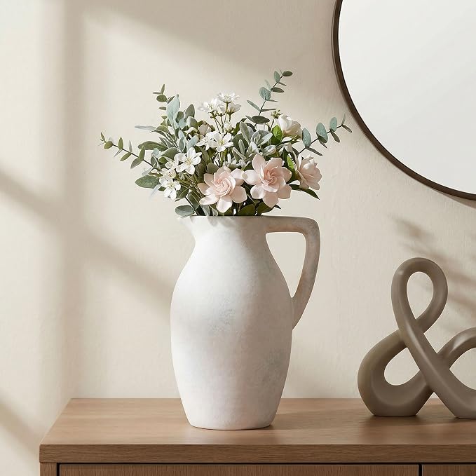 Ceramic Flower Vase with Handle, 9.65 inch Tall Ceramic Vase Home Decor Farmhouse Vases Terracotta Table Vases for Living Room Bathroom Modern Boho Coffee Table Centerpieces Bookshelf Kitchen, White