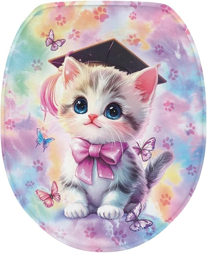 Tie Dye Toilet Seat Covers with Elastic Band for Bathroom Tie Dye Cat Toilet Tank Dust Cover Soft Bathroom Replacement Universal Fit Elongated Oval Round Lid,Easy to Clean