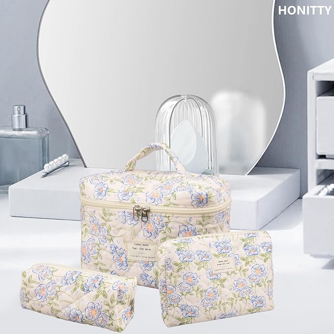 honitty Makeup Bag,Quilted Cosmetic Bags,Large Floral Make Up Organize bag,Makeup Bag Set for Women,Flower Travel Toiletry Bag