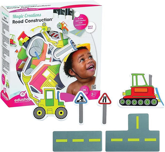 Edushape Magic Creations Foam Sticker Imaginative Bath Tub Activity Play Set, Road Construction