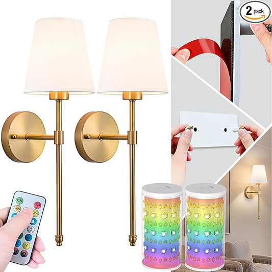 Peel and Stick Wall Sconces, Stick On Wall Sconce Set of 2, Battery Operated Wireless Adhesive Wall Lights, Corn Bulb with 10000mAh Battery, Easy Install for Bedroom Living Room Wall Decor