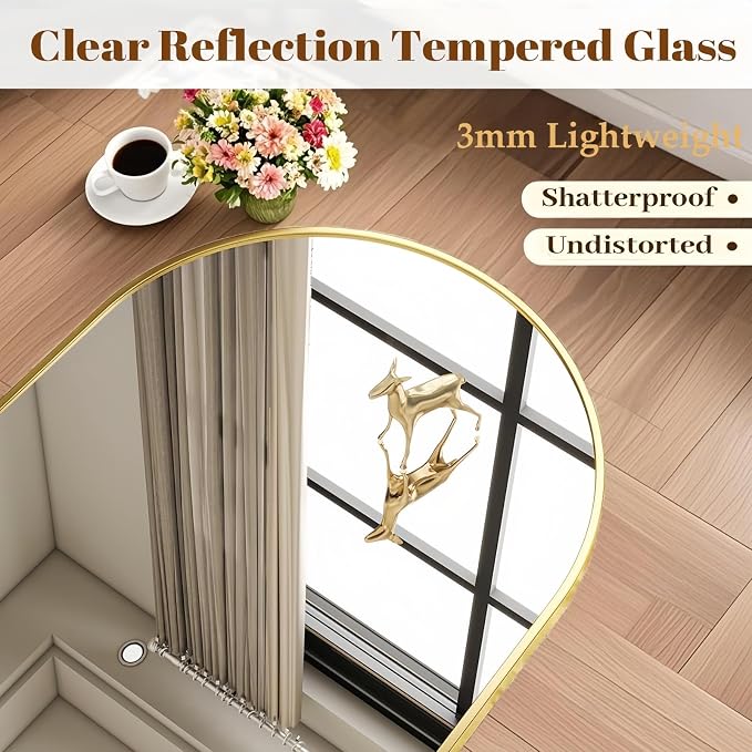 Dewfig Mirror Full Length, 64"X20" Arched Floor Mirror, Gold | Aluminum Alloy Frame Full Body Mirror, HD Shatterproof Tempered Glass, Lean/Stand/Wall for Living Room,Bedroom, Dressing Room