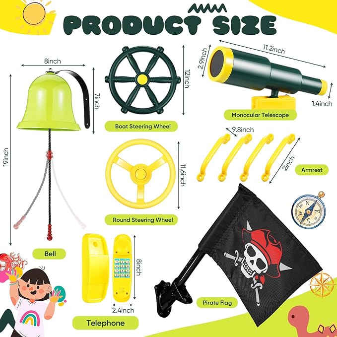 Foilswirl Swing Set Accessories Outdoor Playground Accessories Backyard Playground Equipment with Telephone, Ship Wheel, Telescope, Bell, Safety Handle Bars, Pirate Flag for Playhouse (Yellow, Green)