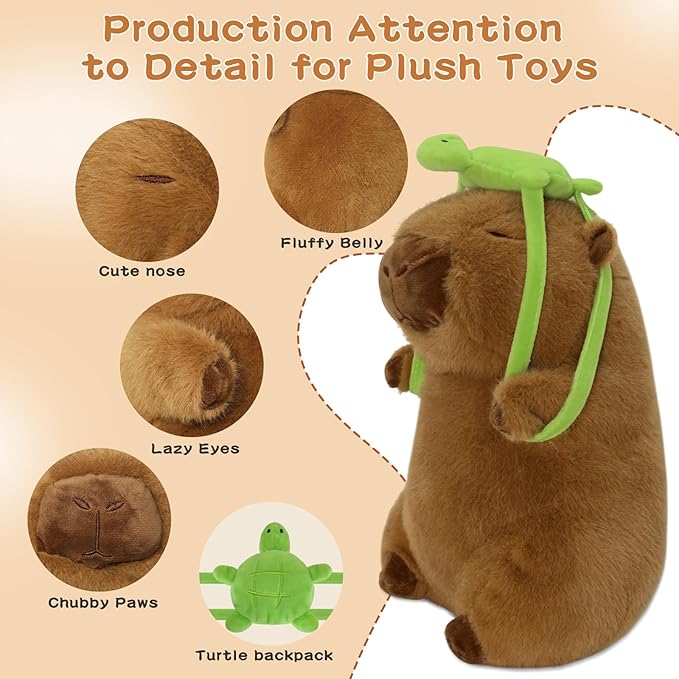 12 inch Cute Capybara Stuffed Animal with Turtle Backpack - Companion to Relieve Emotions - Skin-Friendly Material - Soft Kawaii Plush Pillow for Birthday Gift for Kids Boys Girls