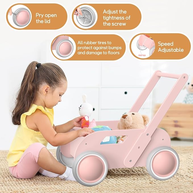HOMEKOL Wooden Baby Push Walker, Pink | Adjustable Height, with Rubber Wheels, for Boys and Girls, Gift for Birthday, Christmas and New Year