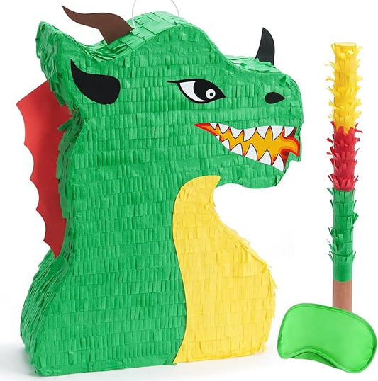 WERNNSAI Dragon Piñata - Dinosaur Party Supplies Dino Piñata Bundle with Blindfold and Stick for Boys Kids Dragon Theme Birthday Party Game Decorations (15.5" x 10" x 3")