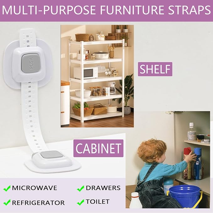 No Drill Furniture Anchor, Adjustable Strap, 4 Pack | Anti-tip, Baby Proofing, 3M Adhesive Multi-Purpose