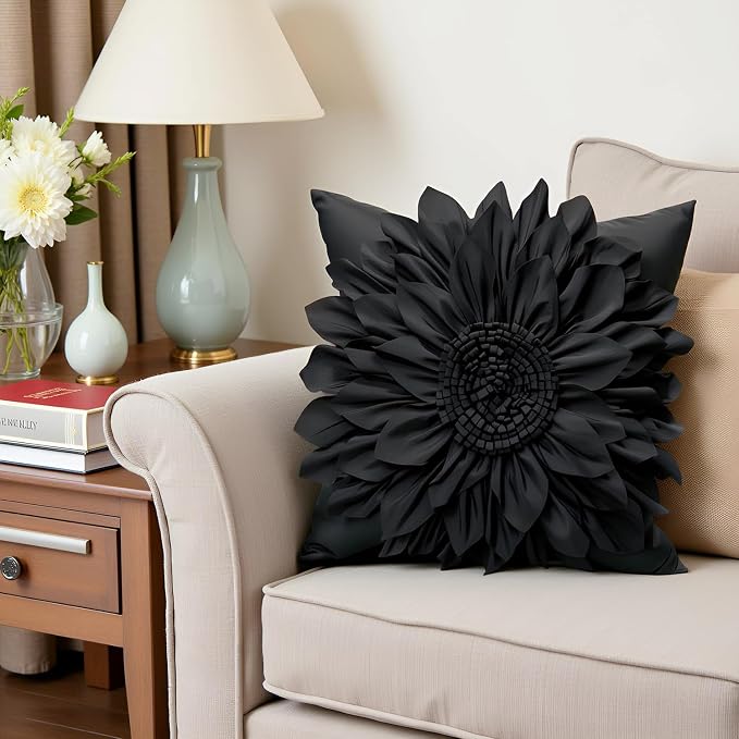 Black Accent 3D Flower Decorative Throw Pillow Covers for Bed Sofa Couch | Bella's Giftshop Handmade Sunflower Taffeta Pillow Cases Living Room Bedroom Decor, 18x18 Inch