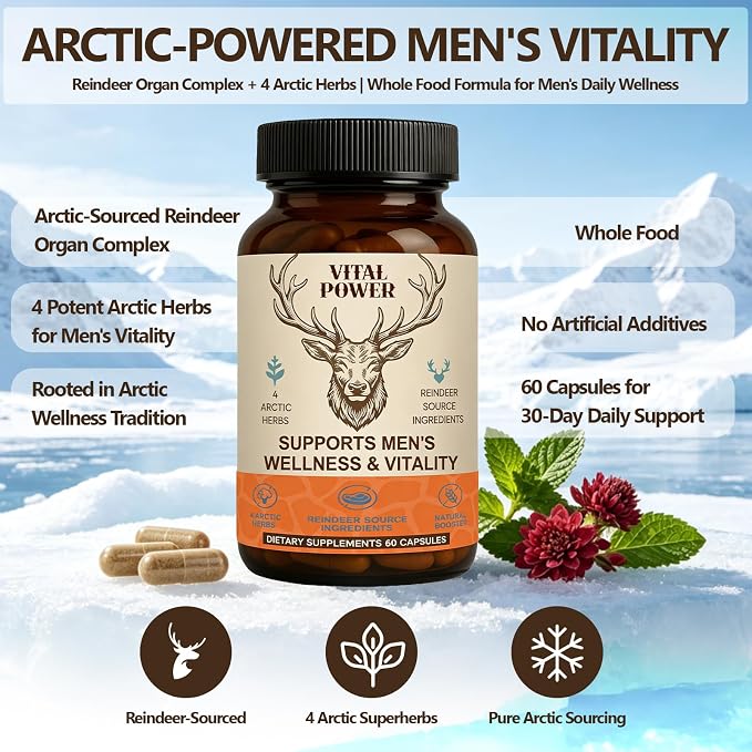 Men’s Vitality Supplement – Arctic Herbal & Reindeer Nutrient Blend – Energy Support – 60 Capsules