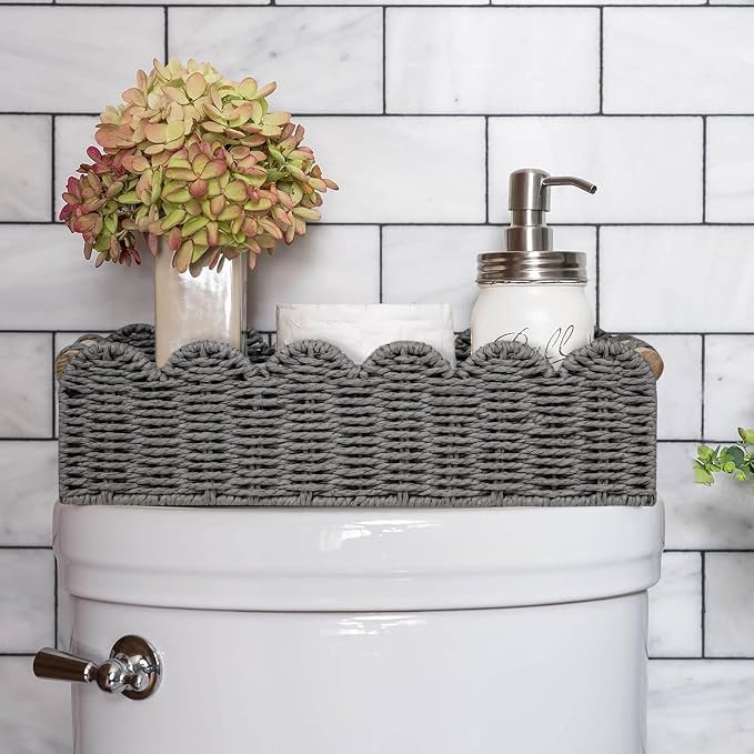 CubesLand Scalloped Toilet Paper Storage Basket W/Handle for Home Decor | Paper Rope Toilet Organizer Basket for Countertop, Over Toilet Shelf, End Table, Living Room Cozy Decorative & More, Grey