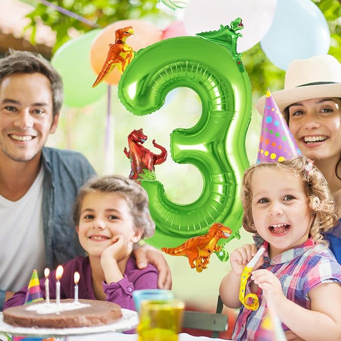 Dinosaur Green Number 3 Balloon, 40 Inch Big Large Foil Helium Green Number Balloon with 4 Pcs Mini Dinosuar, Dinosuar Mylar Balloons Set for 3 Year Old Birthday Party Decorations Supplies