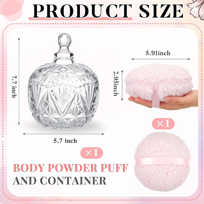 Tioncy 2 Pcs Extra Large Dusting Powder Puff and Container for Women-6'' Glass Crystal Dusting Powder Container with Body Soft Washable Reusable Velour Face(Clear,Crown)
