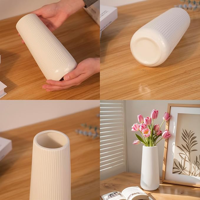 Modern Ceramic Vase, Small White Flower Vase for Table Centerpieces and Rustic Farmhouse Decoration