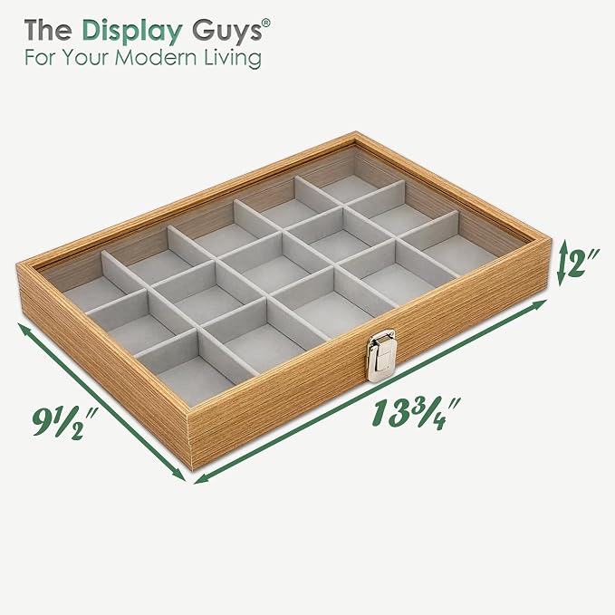 Wooden Travel Jewelry Box w. Tempered Glass Display Lid - Earrings Storage - 15-Compartments Velvet Organizer (Natural Oak) by The Display Guys