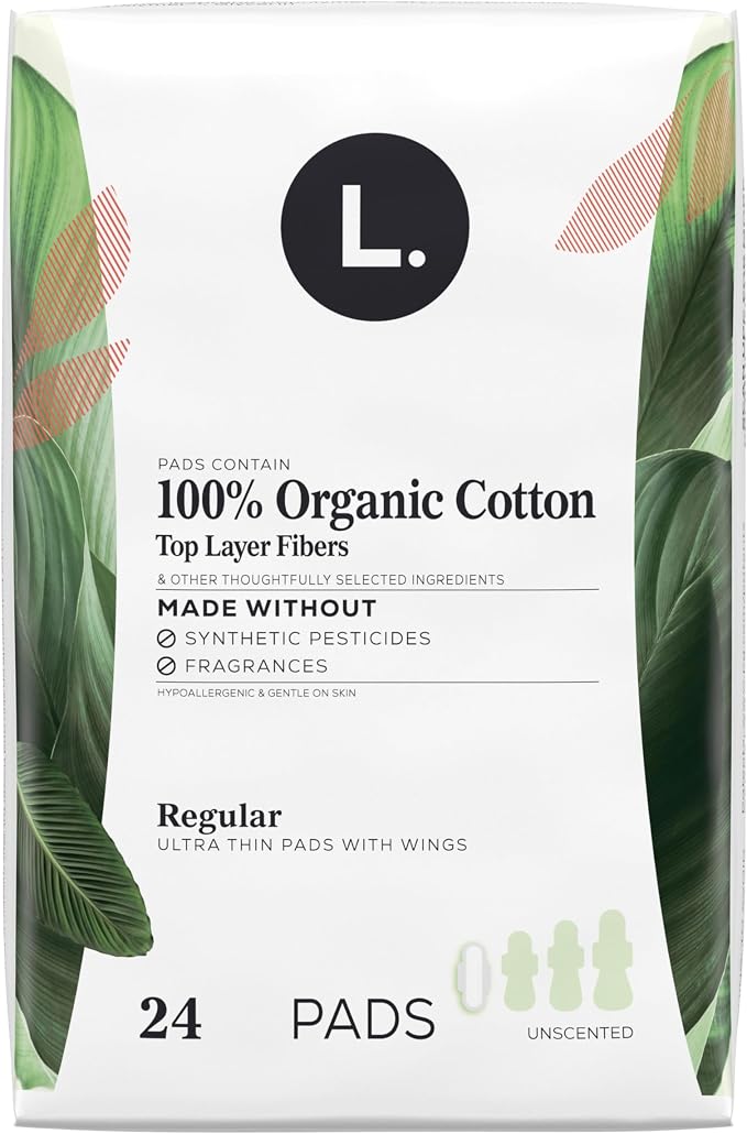 Ultra Thin Pads for Women, Organic Cotton Top Layer, Regular Absorbency, Menstrual Pads with Wings, Made Without Synthetic Pesticides and Fragrances, 24 Count