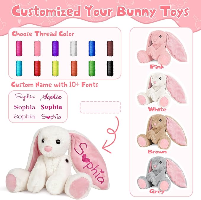 Personalized Bunny Plush Stuffed Animal with Embroideried Name Custom Toddler Stuffed Rabbit Doll Kids Bunny Plush Toys Personalized Baby Girls Boys Newborn Gifts for First Birthday Easter