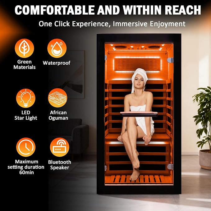 Sauna Far Infrared Saunas 1 Person Low EMF Indoor Personal Sauna | Dry Sauna Room with Starry Lights Ceiling Speakers for Home Gym Spa Fast Heating Easy Assembly 30.7x 30.7x62.2"
