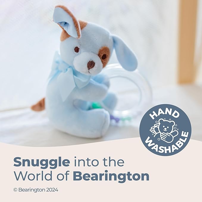 Bearington Baby Waggles Plush Stuffed Animal Blue Puppy Dog Shaker Toy Ring Rattle - 5.5 in Baby Plush Toys - Stuffed Animals for Newborns