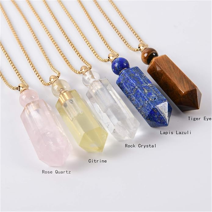 YGLINE Perfume Bottle Necklace,Essential Oil Bottle Pendant,Hexagon Prism Bottle Pendant,Various Gemstones,Healing Stones,Women Gifts