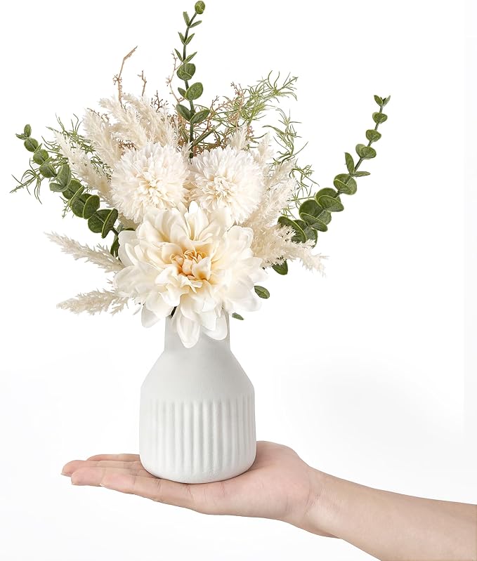 Mkono Fake Flowers in Ceramic Vase, 12.5" Coffee Table Centerpieces, White | Table Decor with vase, Small Silk Faux Artificial Flower Arrangements, Fits Bathroom Dining Room Kitchen Home Indoor Decor