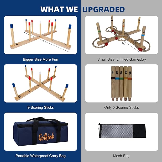 Gothink Extra Large Ring Toss Game for Adults & Kids, 30" Wooden Ring Toss Game Outdoor Fun with 9 Poles, 10 Rings and Carrying Bag Easy to Set Up & Compact Carry Portable Yard Games Toys Gifts