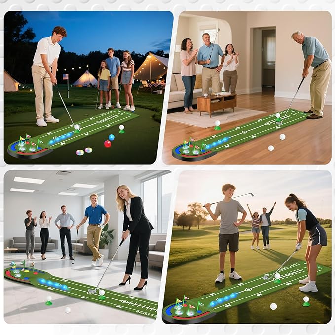 Golf Putting Mat with Light up Holes, Glowing Golf Balls, Practice Putting Green with 2 Clubs, Toy Golf set,Golfing Practice Mats,Training Mat Indoor Outdoor,Sport Game for Kids Adults Family