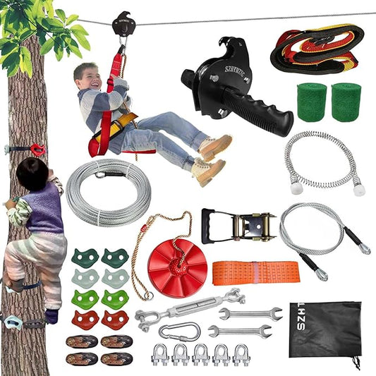 110/130/150/180ft Zipline Kit for Kids and Adults 350Lbs Backyard, Zip Line Stainless Steel Spring Brake, Adjustable Seat, Dual Tightening, Easy Installation Outdoor Adventure Equipment