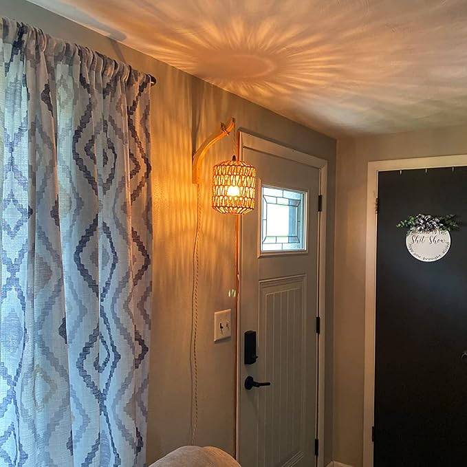 Frideko Plug in Wall Sconces Set of Two Hand Woven Lamp with Cord Rattan Lights Farmhouse Sconce Mounted Light Boho Lighting for Bedroom Living Room