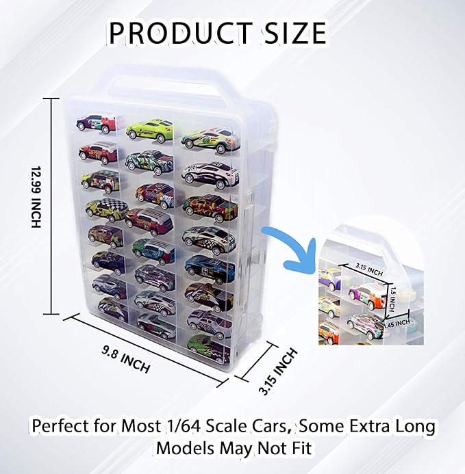 Adevar Double Sided 1/64 Scale Toy Car Storage Case Compatible with Matchbox Car Hot Wheels Storage Case,46 Slot Transparent Organizer for 48 Toy Cars,Case Only