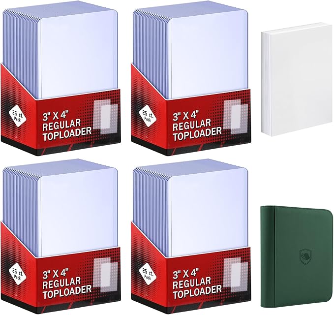 200 Card Sleeves Top Loaders for Cards Included 96 Pockets Top Loader Binder, 3" x 4" Baseball Card Protector Hard Plastic Card Holder for Sports Trading Cards (100 Toploaders + 100 Soft Sleeves)