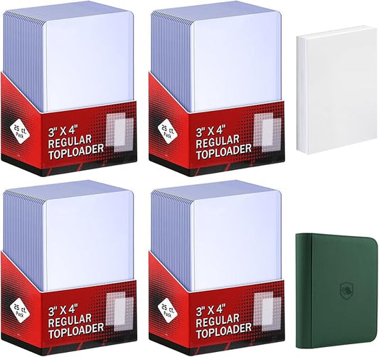 200 Card Sleeves Top Loaders for Cards Included 96 Pockets Top Loader Binder, 3" x 4" Baseball Card Protector Hard Plastic Card Holder for Sports Trading Cards (100 Toploaders + 100 Soft Sleeves)