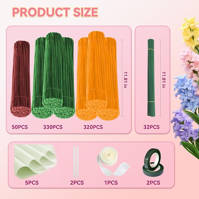 Pipe Cleaners,DIY Flower Bouquet Kit700pcs (Orange,Green,Brown) Sunflower Chenille Stems Kit, Flower Making Craft Materials(32Flowers),Art and Craft Supplies