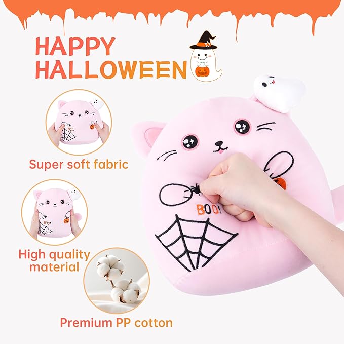 Halloween Spooky Plush Cat Toy – Pink Cat Stuffed Animal Ghost Theme Halloween Party Favors Spider Toy Festive Stuffed Animal Soft Haunted Home Decor 10 Inch