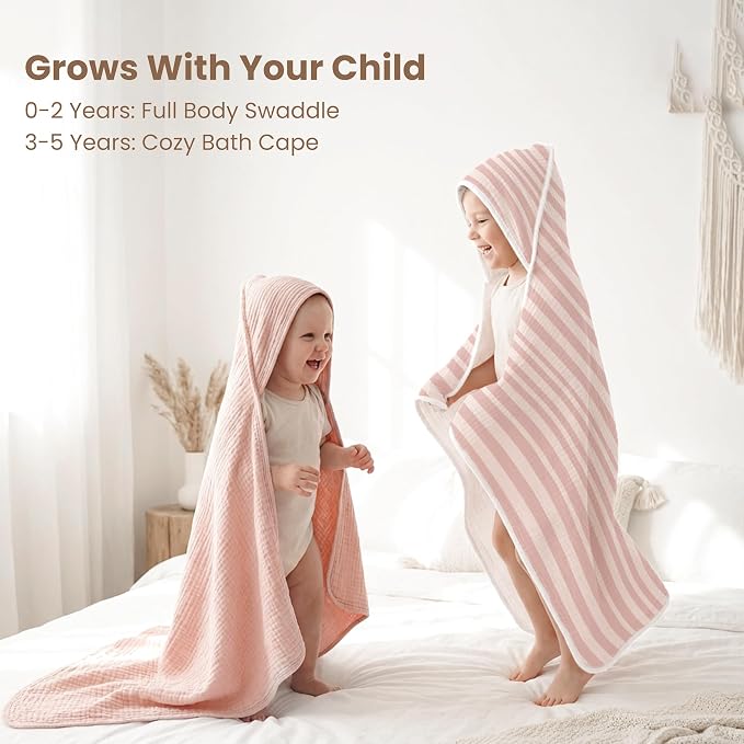 Konssy 2-Pack Muslin Hooded Baby Towels, 100% Cotton, Ultra-Soft & Absorbent Baby Bath Towels with Hood for Newborn & Infant (Pink, Stripe, 32" x 32")